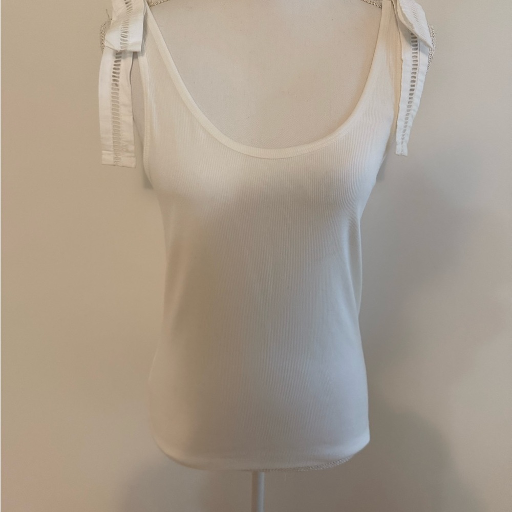 Loft crisp White Tank Top with Lace Ribbon ties coquette ballet girly NEW M